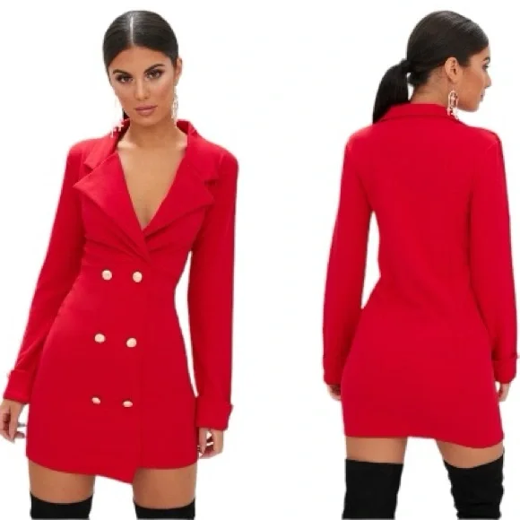 PrettyLittleThing | Dresses | Prettylittlething Red Gold Button Blazer Dress  | Poshmark